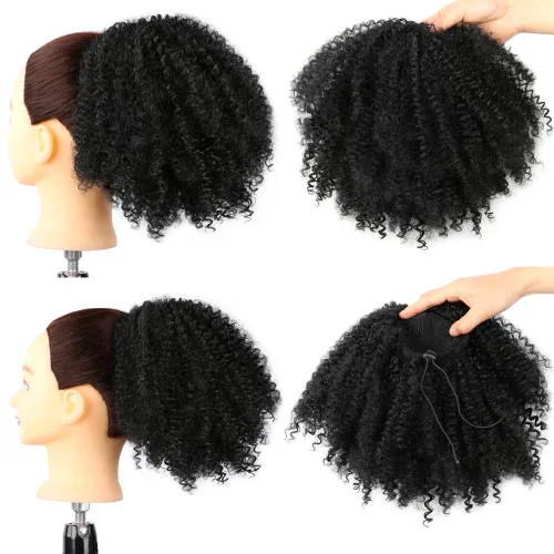 Vista 2 de Extensión de cabello sintético con cordón para coleta afro rizado para mujeres negras, onda corta (#1B, negro naturaleza)
