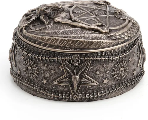 Vista 5 de Veronese Design Wiccan Pentagram Baphomet Oval en forma de caja de baratija Escultura de resina Acabado de bronce