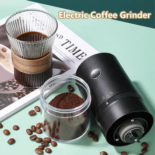 Vista 4 de Topyond Molinillo de café eléctrico, molinillo de granos de café, molinillo negro de carga USB, para el hogar, cocina, café, grano, especias