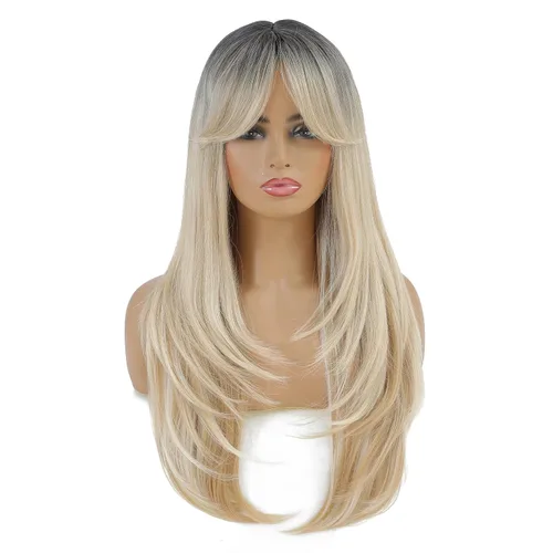 Vista 15 de SWACC Peluca de pelo sintético con flequillo largo en capas para mujeres con gorra de peluca (negro)
