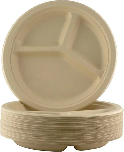 Vista 7 de Platos biodegradables de 3 compartimentos de 9 pulgadas de grado restaurante. Paquete de 25 a granel. Ideal para almuerzos y cenas. Platos divididos