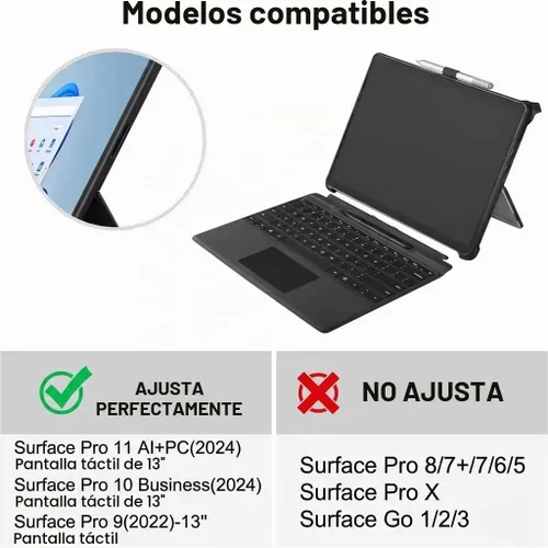 Vista 2 de Surface Pro 11 - Funda compatible con Surface Pro 10/9, funda protectora delgada con soporte para bolígrafo, correa de teclado, soporte multiángulo