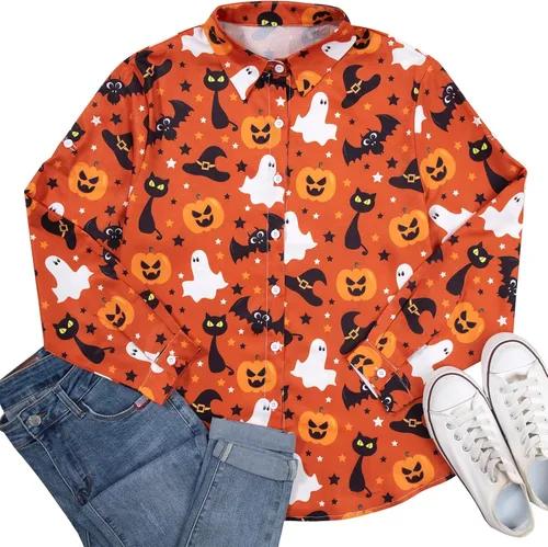Vista 5 de FLOYU Camisa de Halloween para mujer, blusa de manga larga Hocus Pocus, camiseta de calabaza de Halloween, camiseta hawaiana con botones y cuello