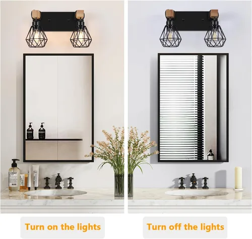 Vista 5 de FadimiKoo Aplique de pared de baño de madera de estilo rústico de 2 luces, accesorio de iluminación de tocador de granja para baño, lámpara de pared