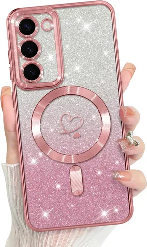 Vista 293 de Bonoma - Funda compatible con Samsung Galaxy S21 Plus, diseño de corazón con purpurina, color rosa Support for MagSafe, Plating Magnetic Case TPU