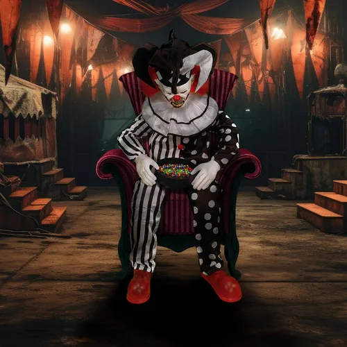 Vista 3 de Haunted Hill Farm Hartley The Sitting Scare Clown de Tekky, animatrónico de Halloween activado por movimiento para decoración de bromas de fiesta