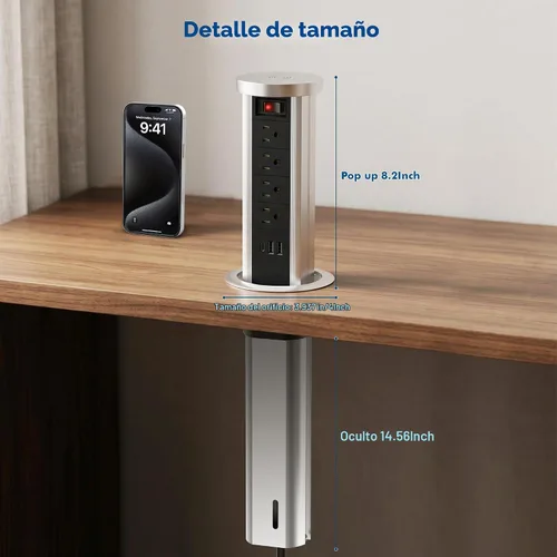Vista 7 de BTU Toma de corriente desplegable para encimera, receptáculo con USB C y 4 salidas de CA, toma de corriente empotrada con cargador inalámbrico de 10
