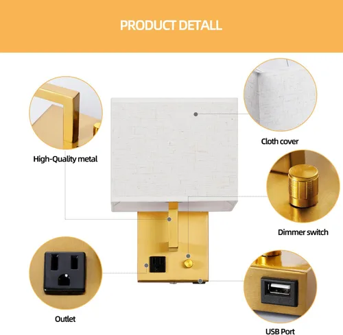 Vista 7 de Aplique de pared enchufable, lámpara de pared de cabecera con enchufe y interruptor regulable, con puerto de carga USB y toma de corriente, adecuado