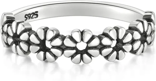 Vista 2 de Boruo - Anillo de plata de ley 925, diseño de flores estilo corona hawaiana, resistente al desgaste, ajuste cómodo