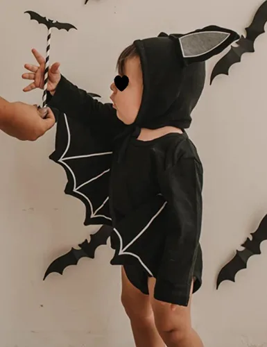 Vista 4 de AGQT Disfraz de murciélago de Halloween para bebé, niño y niña, 2 piezas, talla de 0 a 24 meses