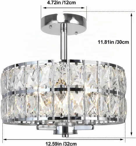Vista 5 de Lámpara de techo redonda de cristal de 3 luces, moderna lámpara de pasillo de 12.6 pulgadas, lámpara de cocina semiempotrada cromada con pantalla