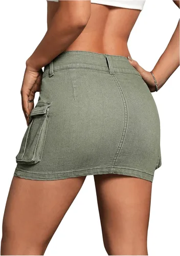 Vista 2 de WDIRARA Minifalda de mezclilla tipo cargo con botones y cintura baja para mujer con bolsillo