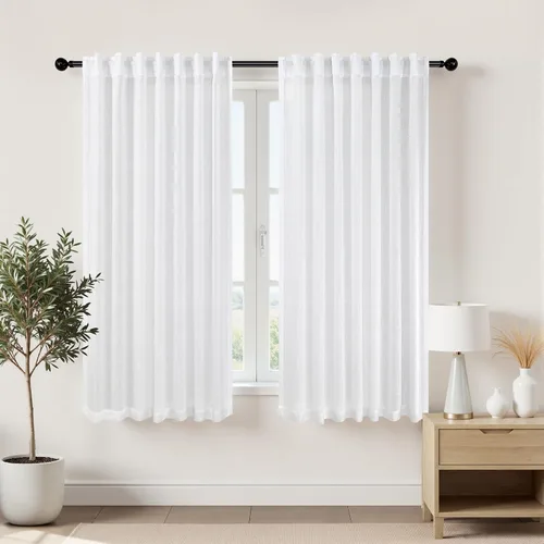 Vista 35 de Cortinas rústicas color beige tostado de 42 x 84 pulgadas de largo para sala de estar, juego de 2 paneles transparentes de lino natural, imitación