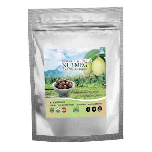 Vista 4 de Nuez moscada orgánica entera de 1.5 onzas, especia aromática recién cosechada de grado prémium de comercio justo