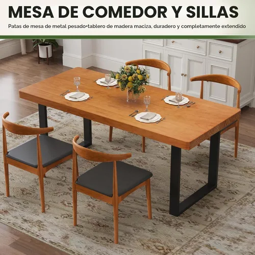 Vista 4 de Mesa de comedor moderna minimalista de madera maciza de 47 pulgadas, base de metal resistente, fácil montaje, mesa versátil para comedor, sala