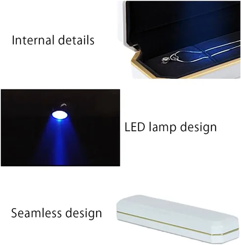 Vista 4 de HSLFUAI Caja larga para collar con luz LED, cajas de exhibición de collar para compromiso de aniversario de boda (blanco)