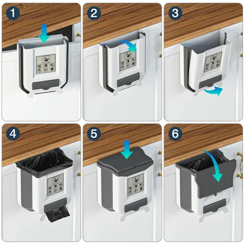 Vista 7 de HI NINGER Bote de basura pequeño con tapa, blanco grisáceo, 2.4 galones, plegable, sello de olor, cubo de compost de cocina, colgante, portátil