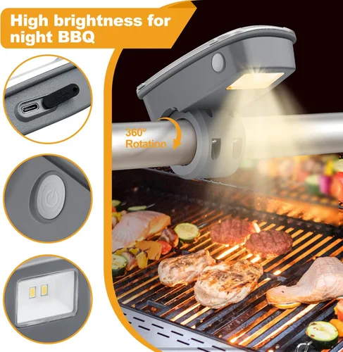 Vista 3 de Luz de parrilla recargable, rotación flexible de 360°, luz LED de mango de barbacoa, carga tipo C, batería de larga duración de 6 horas, accesorios