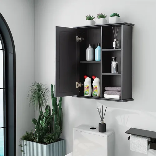 Vista 7 de Armario de pared de baño sobre el inodoro, armario de almacenamiento montado en la pared, gabinetes de madera para medicamentos para baño, Negro