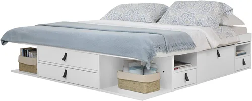 Vista 24 de Memomad Bali Set: Plataforma de almacenamiento con cajones + Cabecera con estantería (Tamaño individual, madera color marrón caramelo)
