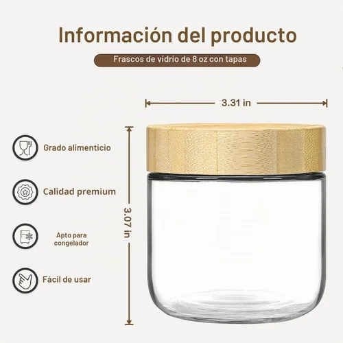 Vista 2 de Paquete de 2 tarros pequeños de vidrio transparente de 8 onzas, tarros de avena de boca ancha para la noche, recipientes con tapas herméticas