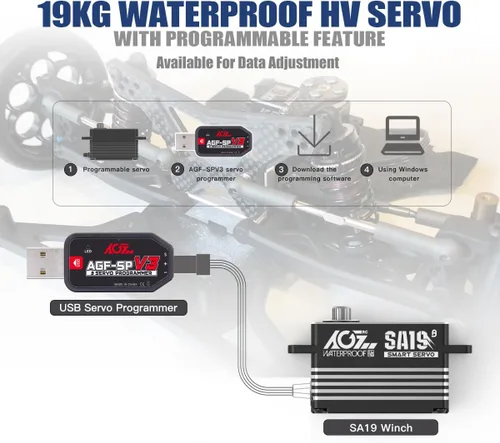 Vista 6 de AGFRC 19 kg de bajo perfil impermeable RC-Winch-Servo - 0.073s de alta velocidad, engranaje de metal CNC completo, servo inteligente programable sin