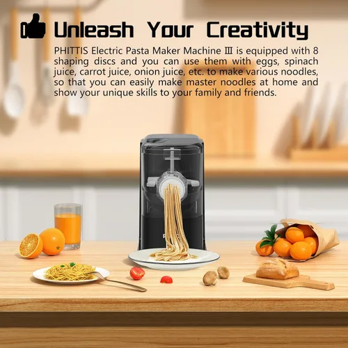 Vista 3 de Máquina eléctrica de pasta, máquina automática para hacer pasta, con 8 discos para espaguetis y fettucina y más, máquina de fideos fácil de limpiar
