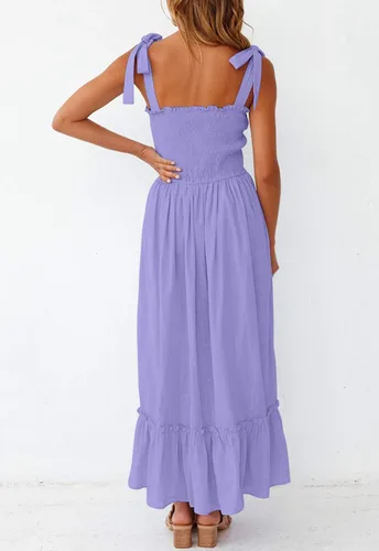 Vista 5 de ZESICA vestido bohemio y liso de verano para mujer, acampanado, con tirantes delgados, cuello cuadrado y volantes, vestido largo para la playa