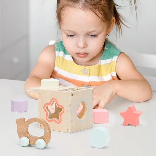 Vista 4 de Pillowhale Juego de juguetes de madera sensorial y educativo para niños pequeños de 1 a 3 años - Anillos para apilar, clasificador de formas, coche