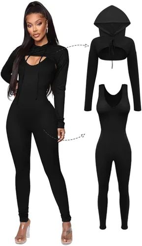 Vista 6 de LAGSHIAN Women's Sexy 2 Piece Outfits Long Sleeve Hooded Crop Top Sleeveless Tank Jumpsuit Set