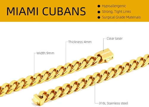 Vista 2 de CaptainSteeL Collar de cadena cubana Miami para hombres y mujeres, acero inoxidable 316L de 50.354in de ancho, 18"20"22"24" de largo, joyería de hip