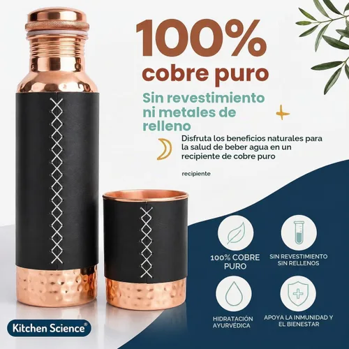Vista 4 de Kitchen Science Botella de cobre ayurvédica auténtica (1000ml/34oz) con vaso de cobre y fundas de cuero para agua potable Testada en laboratorio