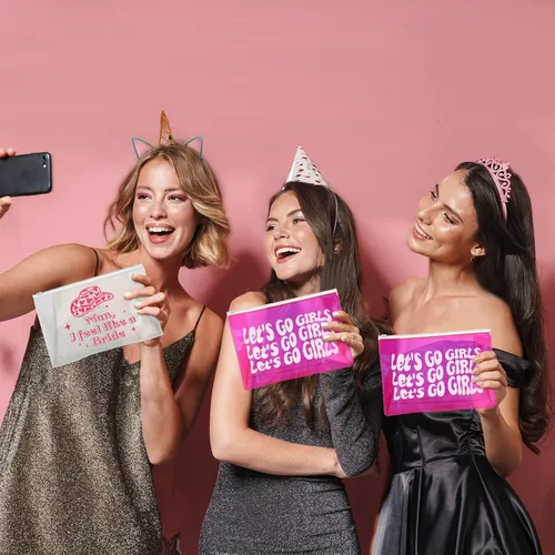 Vista 4 de Layhit 8 bolsas de maquillaje de despedida de soltera de color rosa con texto en inglés "Let's Go", suministros de decoración para niñas, retro
