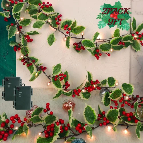 Vista 10 de Juegoal Guirnalda de Navidad, guirnalda de bayas rojas y hojas de acebo preiluminadas de 6.5 pies, guirnalda de bayas artificiales iluminadas a