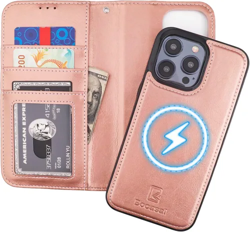 Vista 10 de Funda tipo cartera desmontable Bocasal para iPhone 15 Pro Max con bloqueo RFID, ranuras para tarjetas, soporte magnético, cuero PU premium, atril
