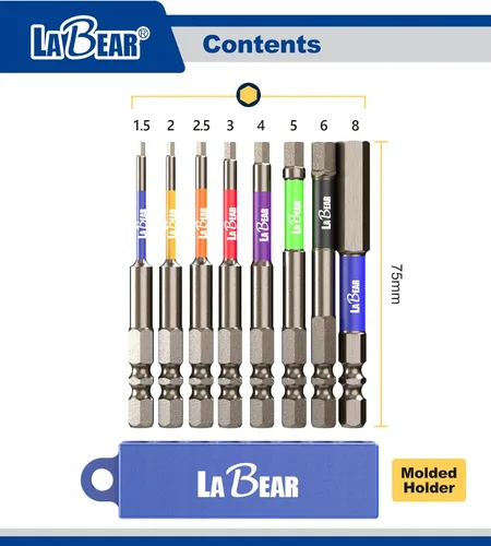 Vista 2 de LABEAR - Juego de brocas Allen de impacto de 8 piezas, acero S2 de 2.953 in, hexagonal de 1/4 pulgadas