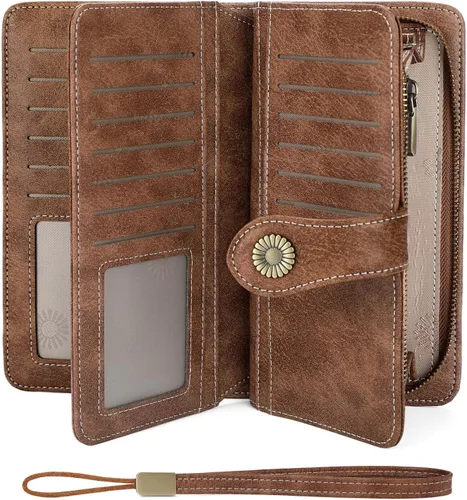 Vista 32 de FALAN MULE Cartera de cuero para mujer, de gran capacidad, bifold, con bloqueo RFID, tarjetero con bolsillo para monedas con cremallera Aa-negro.