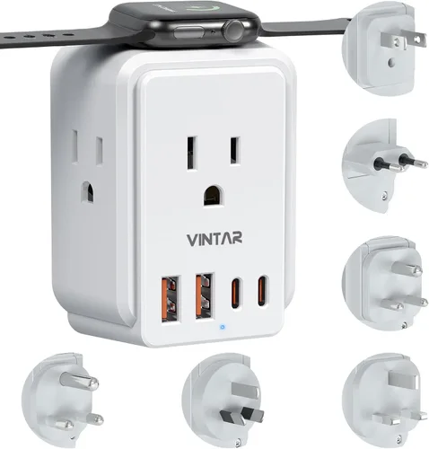Vista 8 de VINTAR - Adaptador de viaje universal para cargador de Apple Watch, adaptador de corriente internacional con 3 salidas de CA, 4 puertos USB