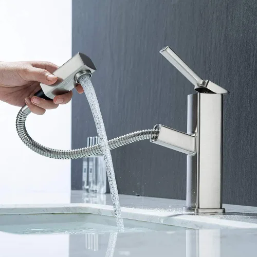 Vista 15 de KAIYING Grifo de lavabo de baño con rociador extraíble, grifo mezclador de lavabo de una sola manija para agua fría y caliente, grifo de fregadero