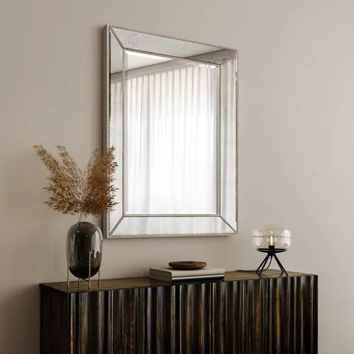 Vista 6 de Empire Art Direct Espejo de pared rectangular con marco de madera maciza biselada con cuentas de champán, listo para colgar, sala de estar