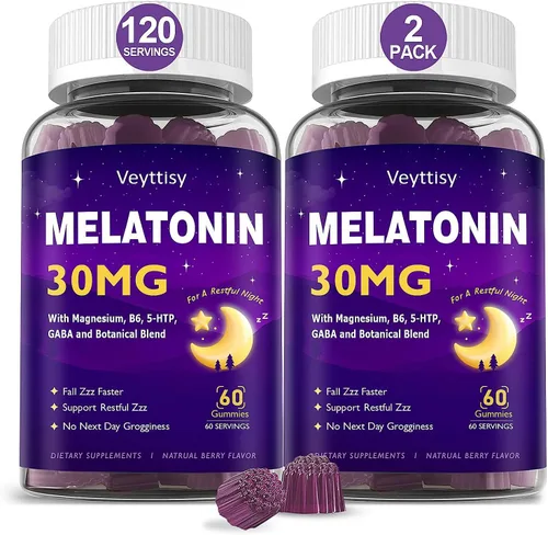 Vista 10 de Gomitas de melatonina de 30 mg para adultos, gomitas de melatonina sin azúcar, máxima fuerza con magnesio, B6, GABA y mezcla botánica, sin hábito