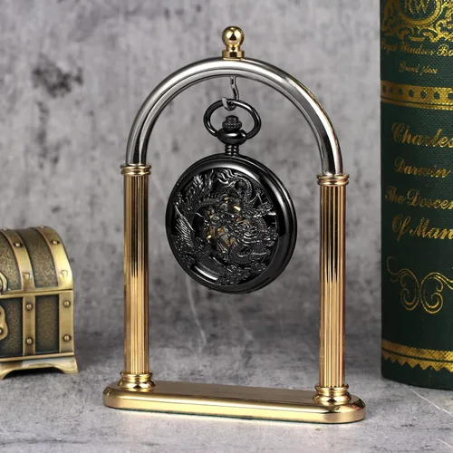 Vista 6 de Reloj de bolsillo mecánico de esqueleto para hombre, diseño de dragón fénix, caja negra con cadena + caja de regalo para hombre, Negro -, Mecánico