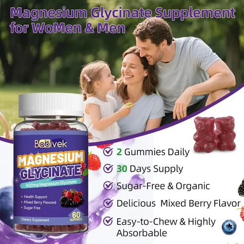 Vista 5 de Gomitas de glicinato de magnesio 700 mg, con L-treonato de magnesio 300 mg, 60 gomitas veganas, sin OMG, sin gluten y azúcar (60