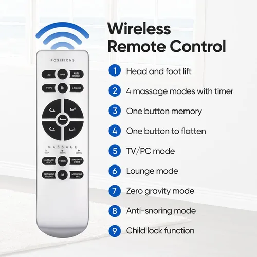Vista 7 de Base de cama ajustable individual XL con masaje, base de cama eléctrica con patas ajustables, puertos USB, control remoto inalámbrico, gravedad cero
