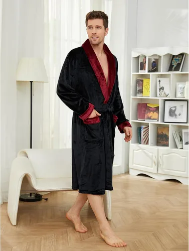 Vista 4 de U2SKIIN Albornoz de forro polar para hombre con cuello de felpa