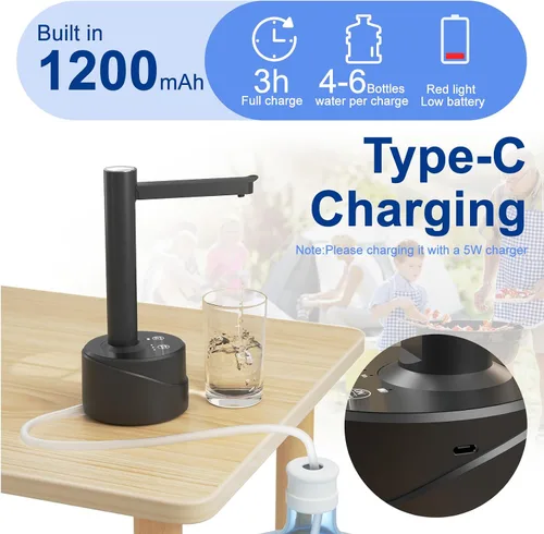 Vista 4 de Latedaux - Dispensador de botellas de agua eléctrica de escritorio de doble uso, de 5 galones, carga USB tipo C, bomba automática de botella de agua