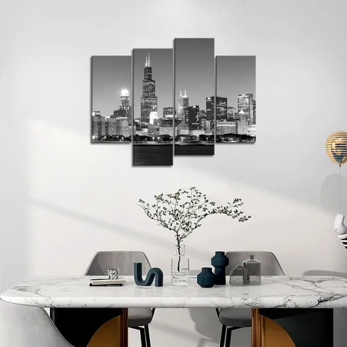 Vista 5 de 4 unidades de pintura de tela moderna arte de pared la imagen para la decoración del hogar, vista panorámica del horizonte de Chicago de noche