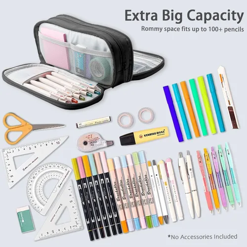 Vista 3 de Estuche grande para lápices, bolsa de gran capacidad con 4 compartimentos, múltiples bolsillos, bolsa de lápices portátil con cremallera Negro