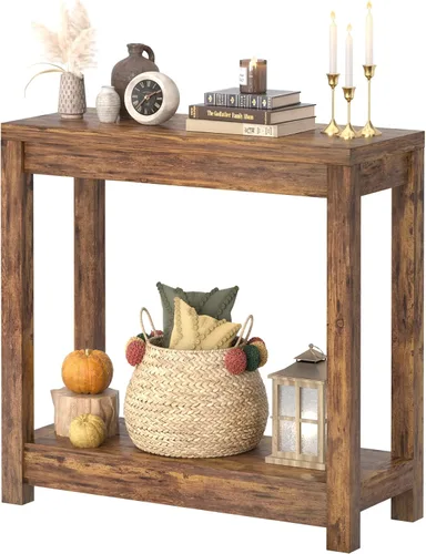 Vista 18 de Besiost Mesa auxiliar de granja, mesa auxiliar estrecha, mesa auxiliar delgada con estante de almacenamiento, mesa consola pequeña para espacios