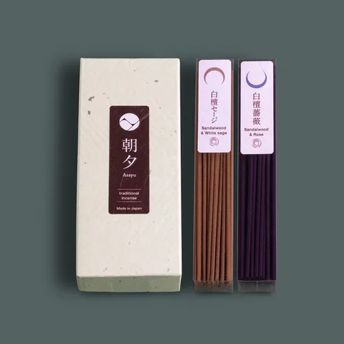 Vista 6 de Asayu Japan Varillas de incienso tradicionales, juego de purificación (sándalo y salvia blanca + sándalo y rosa), 1.41 oz (cada aroma 0.71 oz)